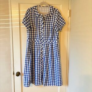 EShakti 2X/22 Retro Blue Gingham Short Sleeved Cotton Dress with Pockets